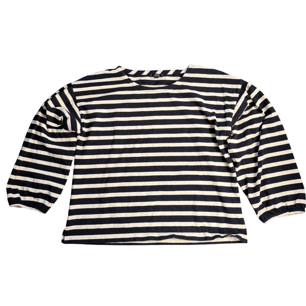 J.Crew Striped Boatneck Cotton Top XL Black White‎ Long Sleeve Balloon Cuff